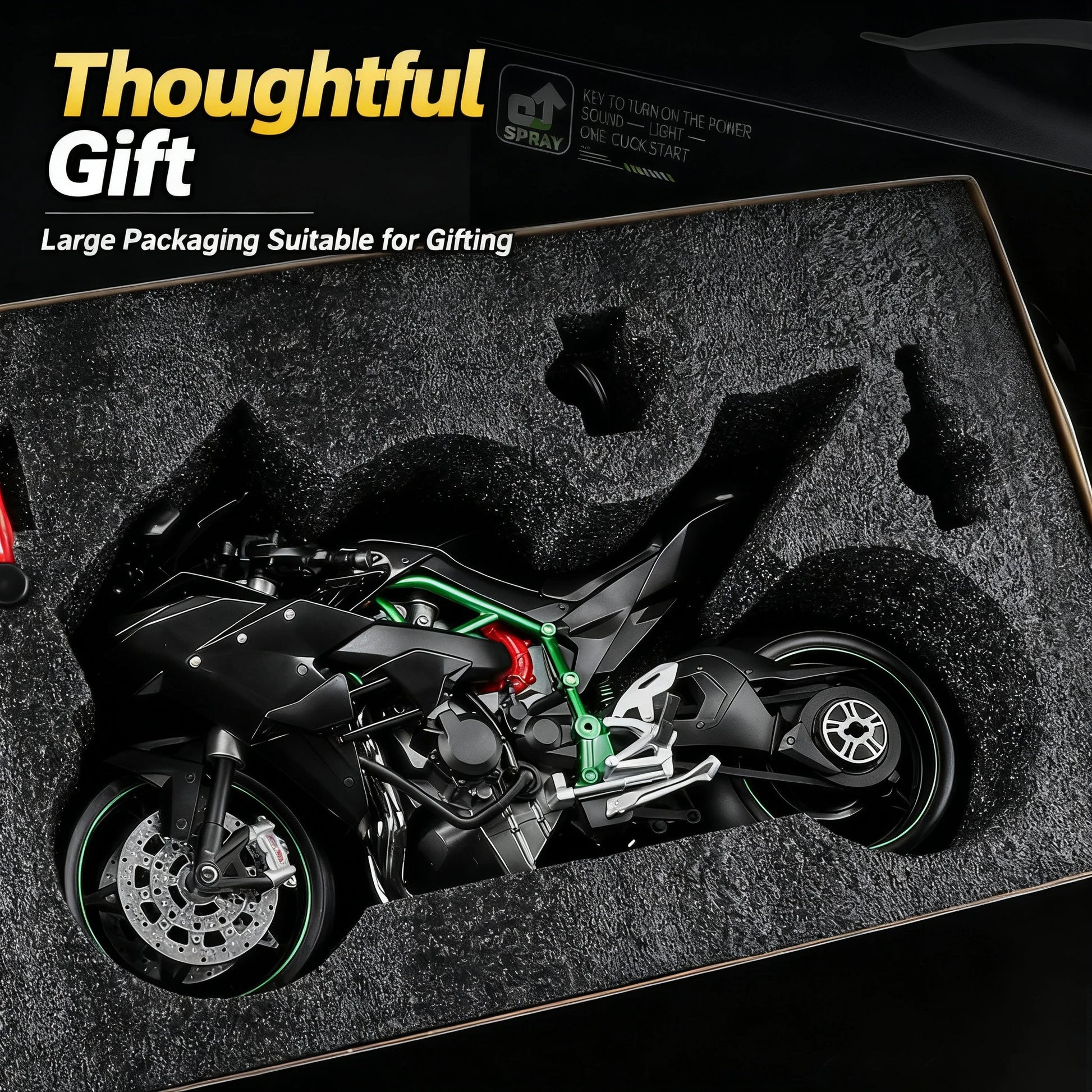 1:9 Kawasaki Ninja H2R with Spray Alloy Motorcycle Model Toy Vehicle Collection Sound and Light off Road Autocycle Toys Car