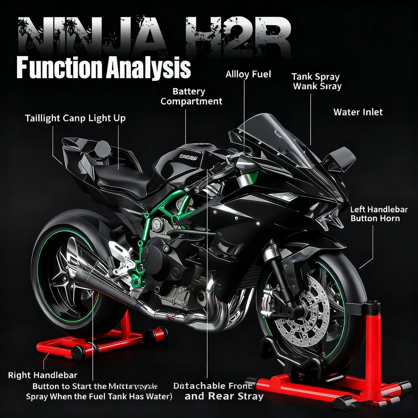 1:9 Kawasaki Ninja H2R with Spray Alloy Motorcycle Model Toy Vehicle Collection Sound and Light off Road Autocycle Toys Car