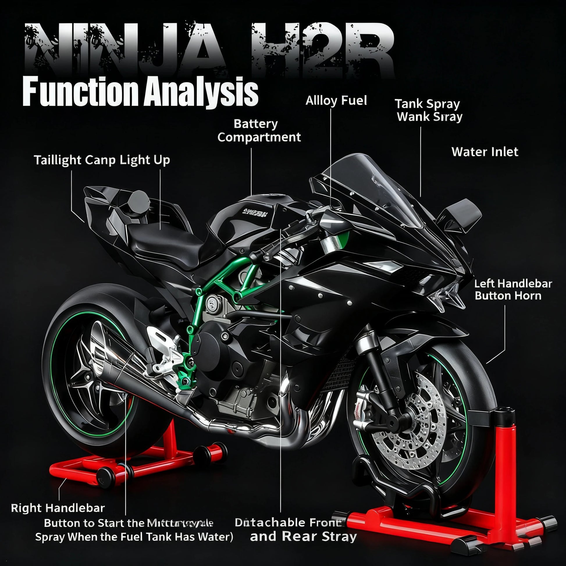 1:9 Kawasaki Ninja H2R with Spray Alloy Motorcycle Model Toy Vehicle Collection Sound and Light off Road Autocycle Toys Car