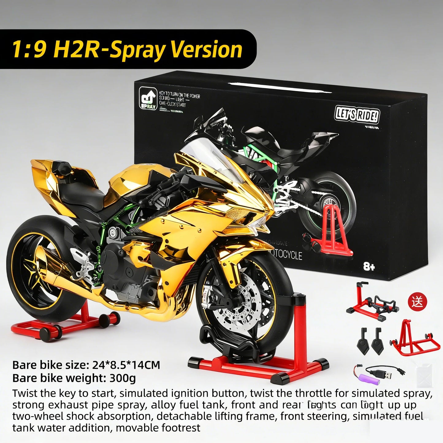 1:9 Kawasaki Ninja H2R with Spray Alloy Motorcycle Model Toy Vehicle Collection Sound and Light off Road Autocycle Toys Car