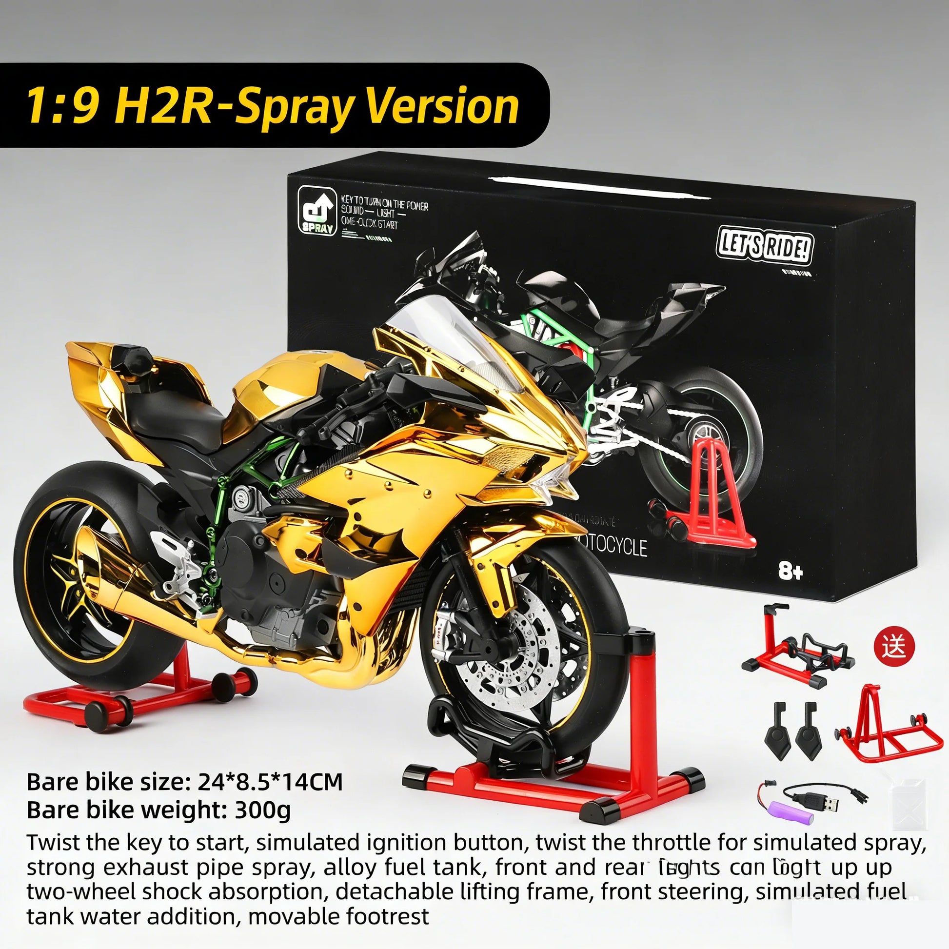 1:9 Kawasaki Ninja H2R with Spray Alloy Motorcycle Model Toy Vehicle Collection Sound and Light off Road Autocycle Toys Car